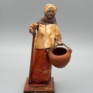 Vintage Mexican Paper Mache Woman With Walking Stick, 11 Inch Folk Art Figurine